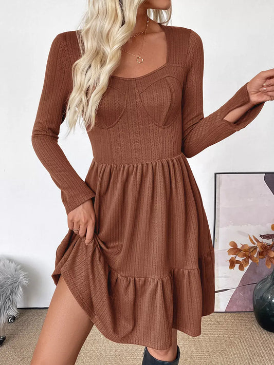 Ruffled Hem Long Sleeve Knit Dress for Women in brown, featuring a charming ruffled hem and long sleeves.