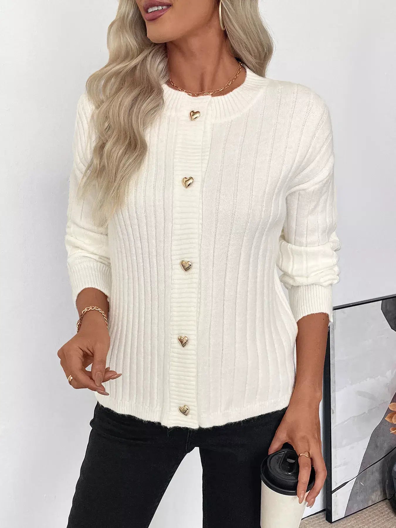 Ribbed Button Up Long Sleeve Cardigan with classic style displayed on a model holding a coffee cup.