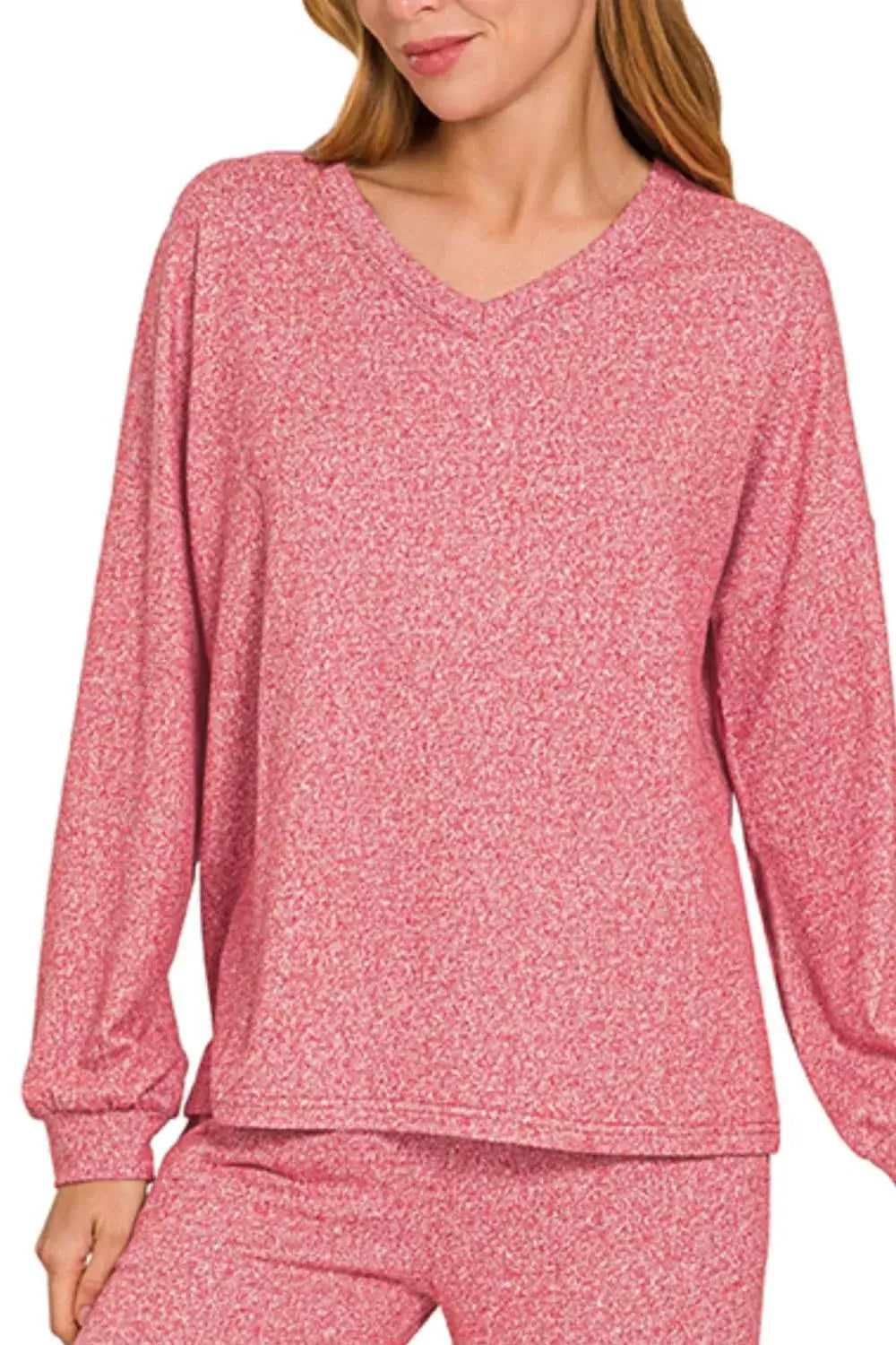 Zenana Soft Melange Long Sleeve Tee & Pants Set in soft pink, featuring a cozy long sleeve tee for women.