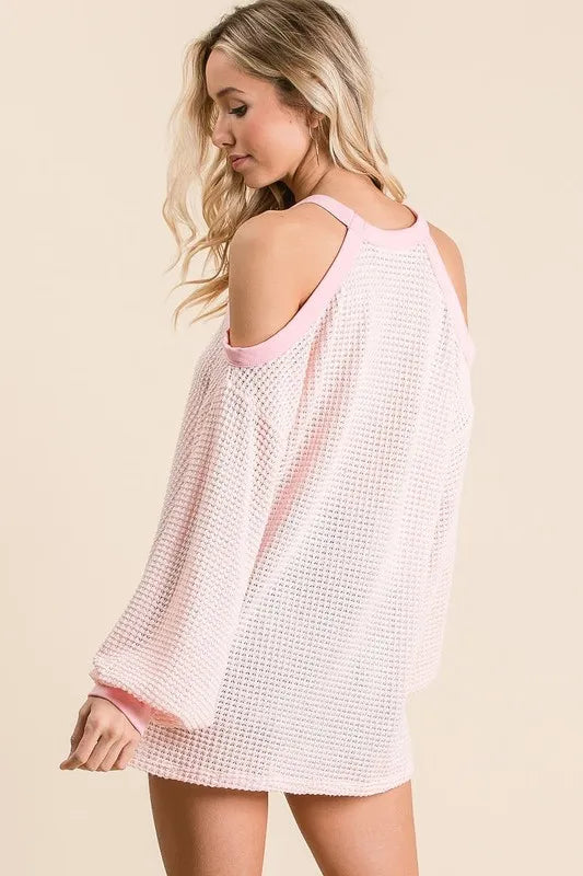 BiBi Popcorn Waffle Top with Cold Shoulder Detail for Women in light pink color, showcasing trendy cold shoulder design.