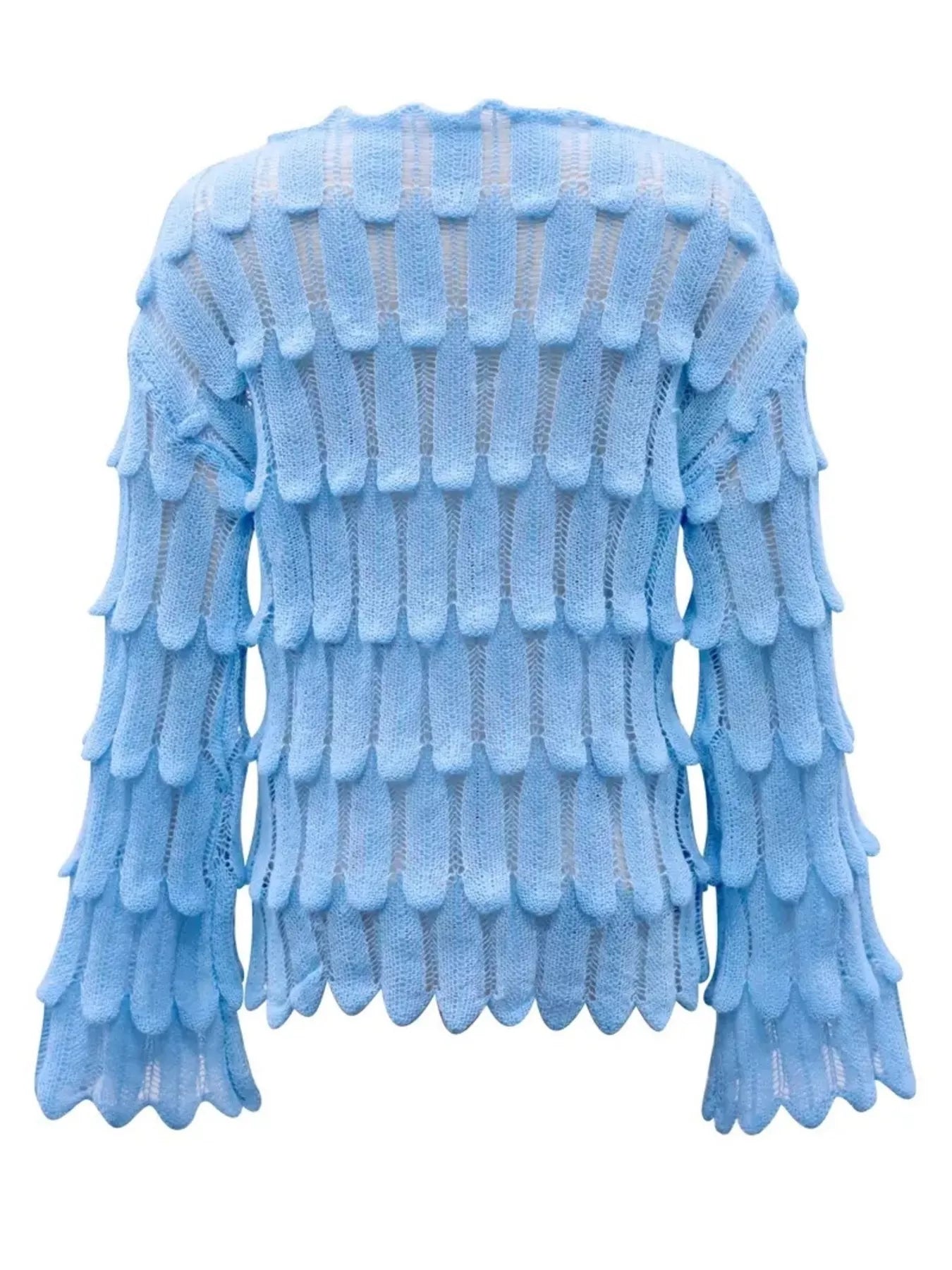 Textured Knit Bell Sleeve Top in light blue color showing back view with openwork design.