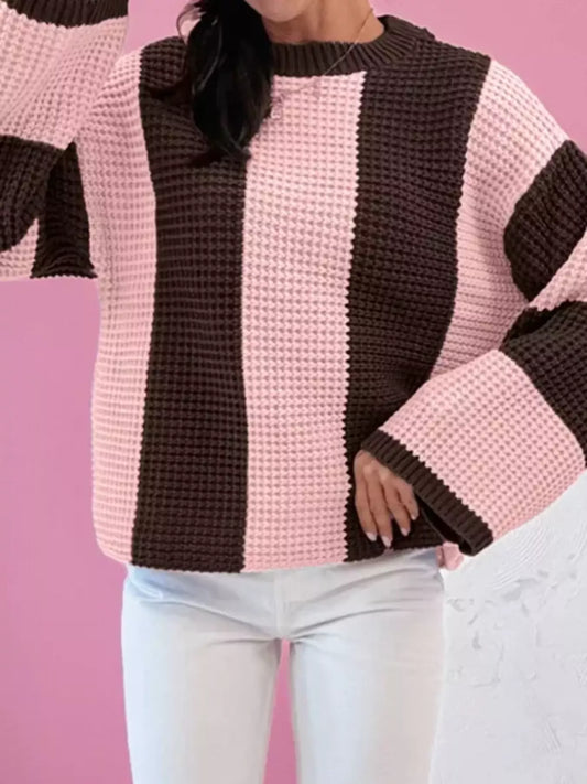 Striped Color Block Waffle Knit Sweater in pink and brown with oversized sleeves for cozy style.