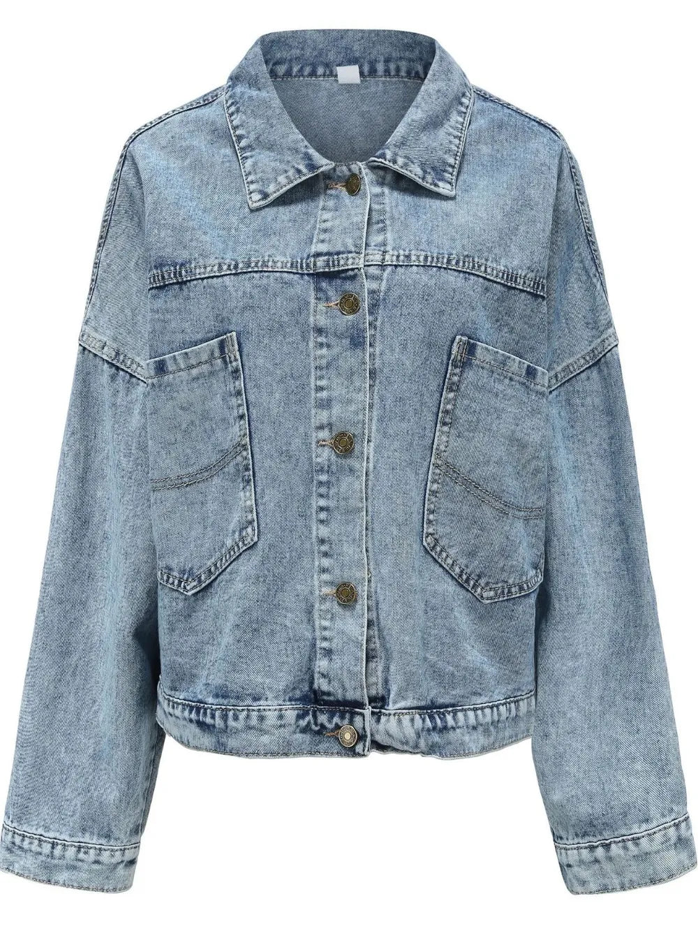 Button Down Drop Shoulder Denim Jacket for casual layering, features pockets and buttoned design, made from cotton and polyester.
