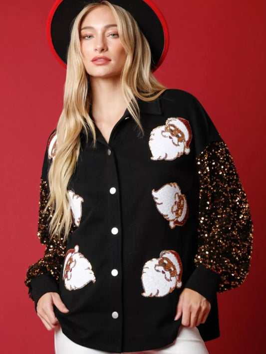 Christmas Santa Sequin Long Sleeve Shirt featuring playful Santa graphics and sparkling sequin sleeves, perfect for festive occasions.