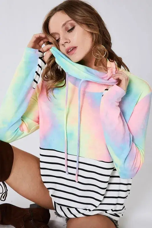 BiBi Tie Dye French Terry Cowl Neck Top in pastel colors with stripes, perfect for casual style.