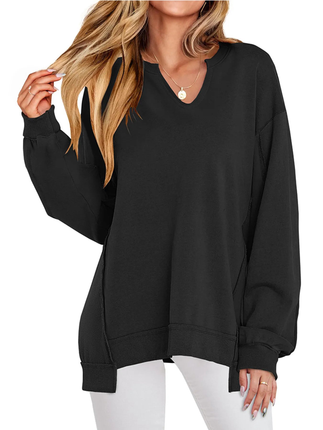 Notched Long Sleeve Oversized Sweatshirt in black, featuring contrast stitching and a relaxed fit for casual wear.