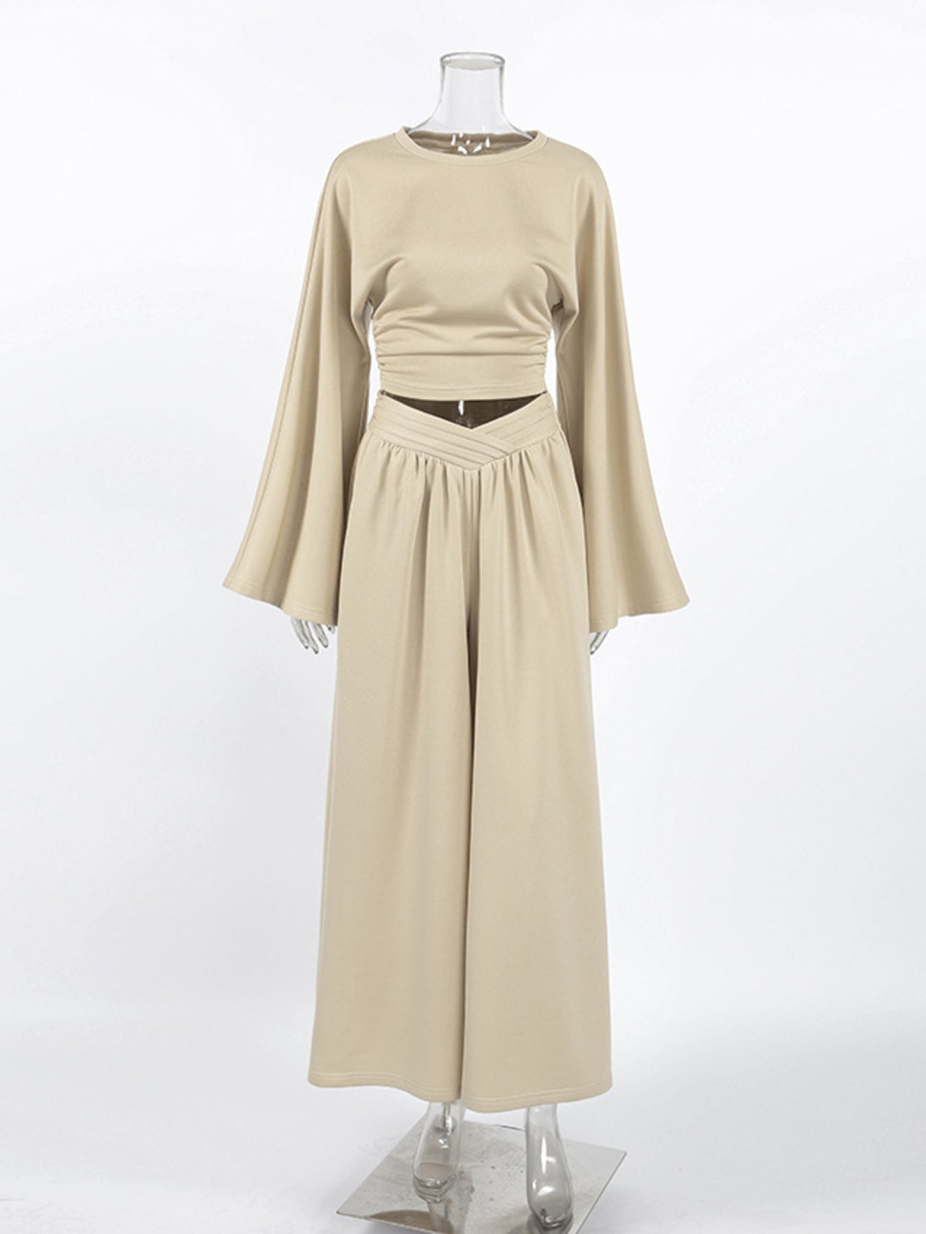 Round Neck Top and Wide Leg Pants Set – Chic Two Piece Outfit displayed on a mannequin.
