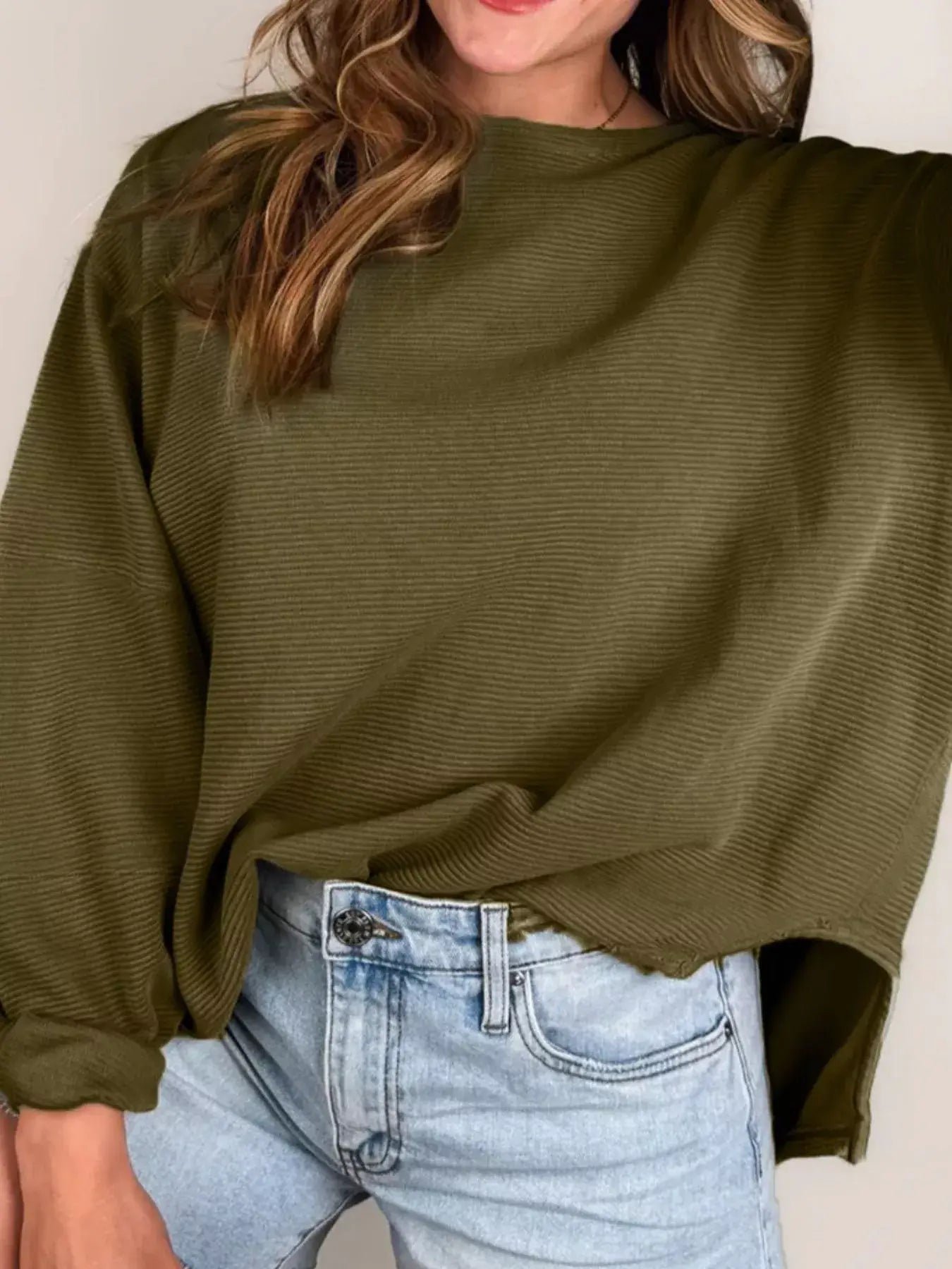 Ribbed Knit Oversized Sweatshirt in olive green, featuring ribbed texture and casual oversized fit.