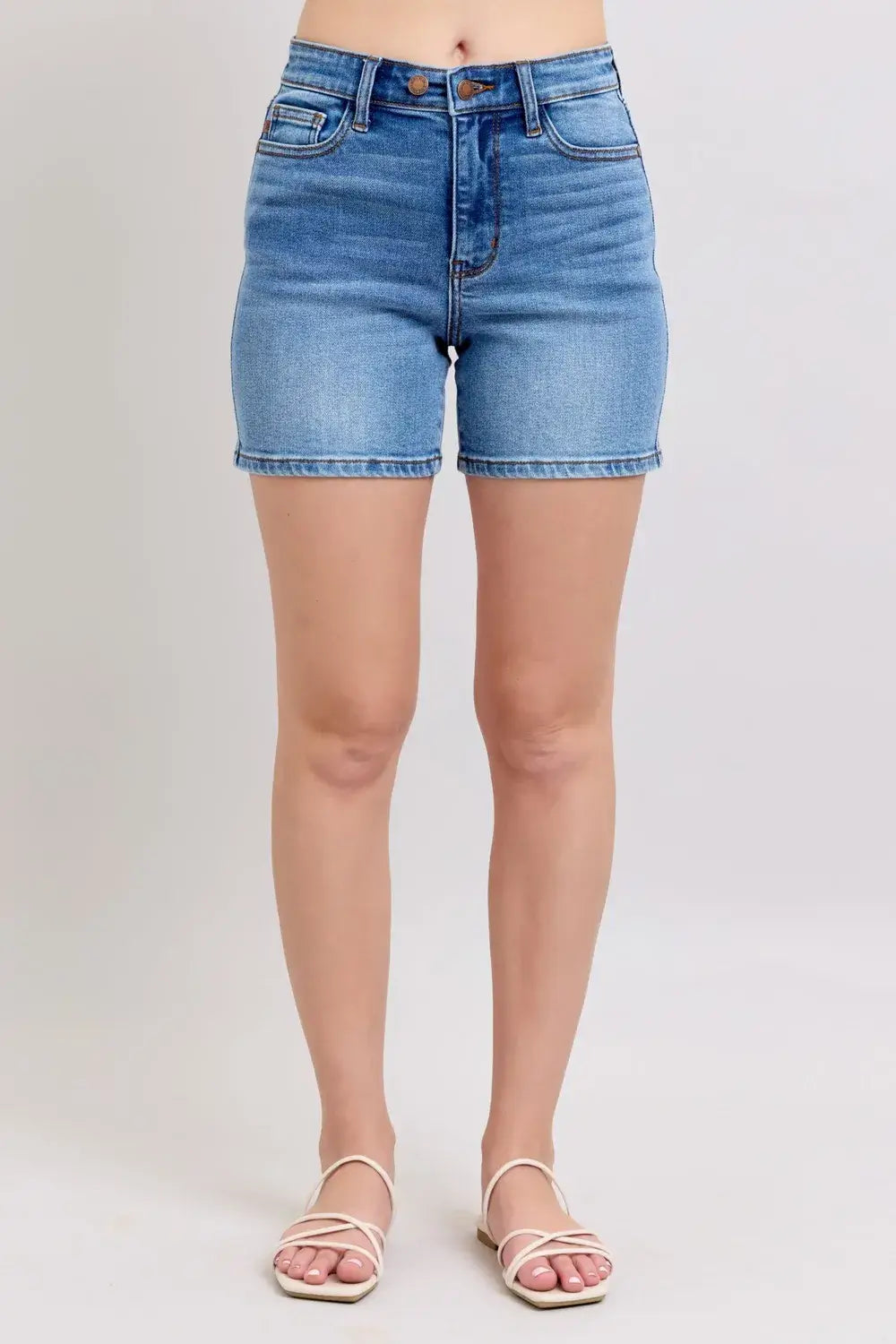 Judy Blue Plus Size Denim Shorts with 2-button design and pockets, perfect for casual summer outfits.