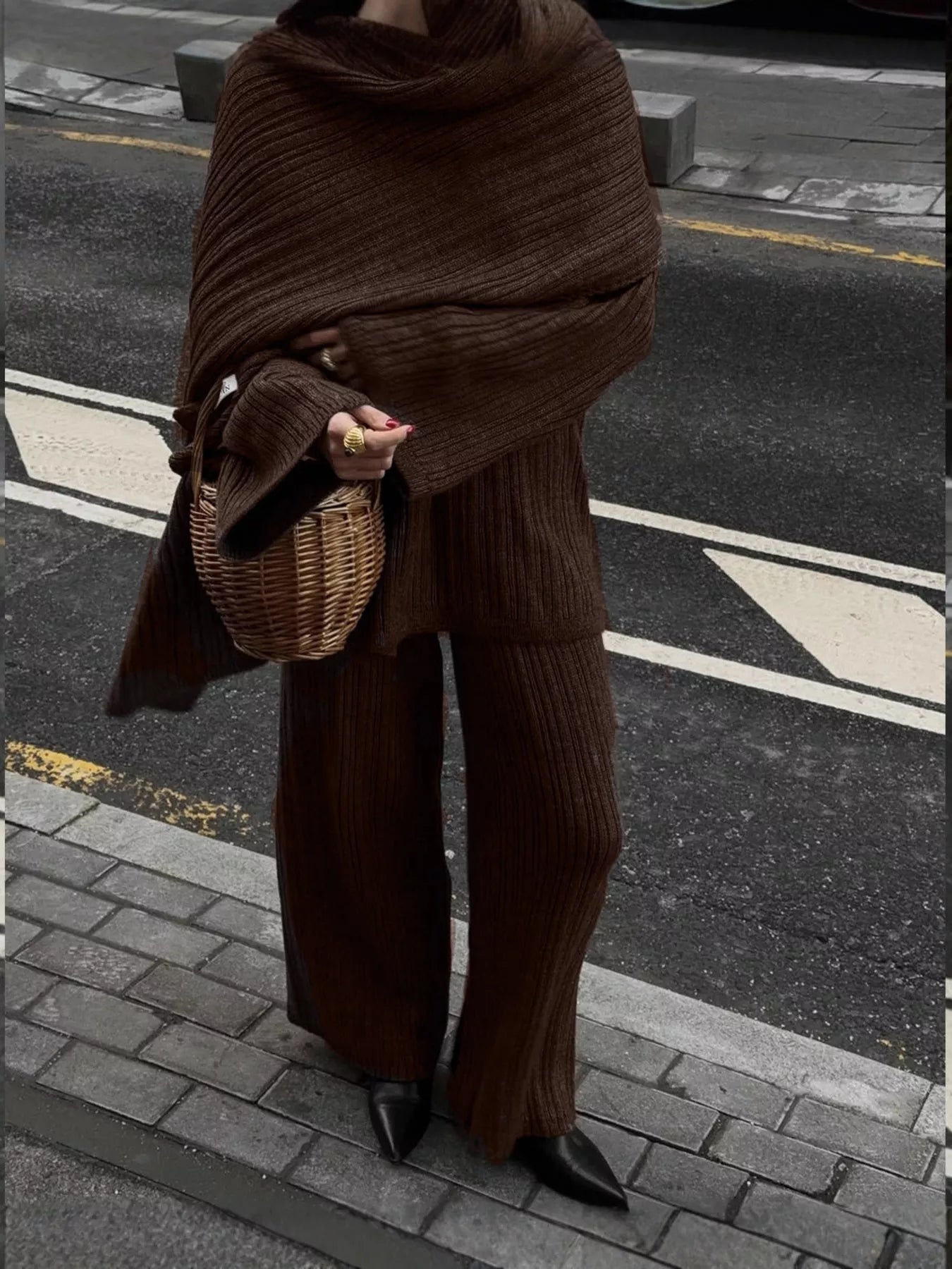 3 Piece Ribbed Sweater and Wide Leg Pants Set with Scarf in brown, showcasing a stylish casual look on a street.