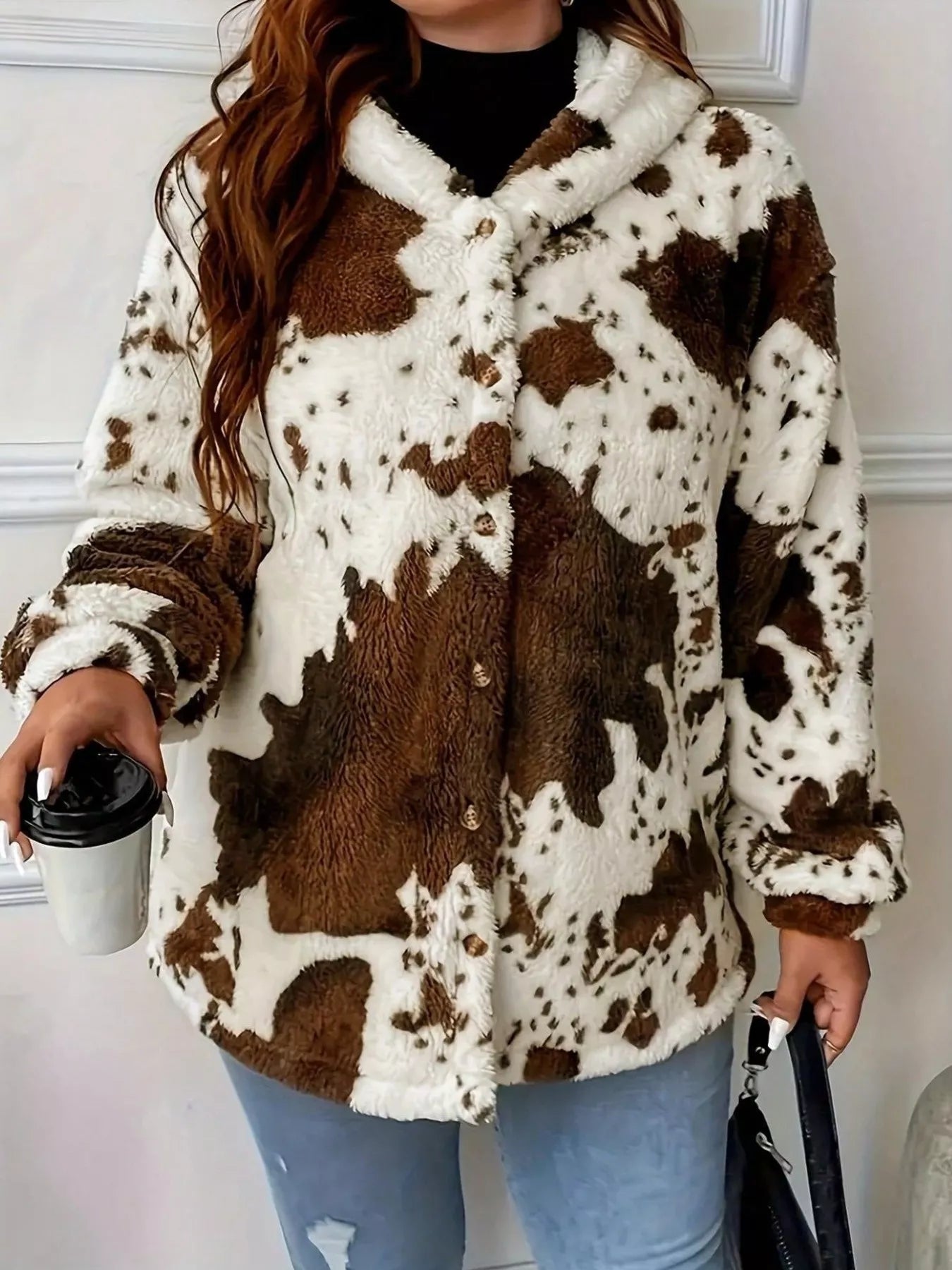 Cow Print Plush Hooded Jacket featuring a cozy plush fabric and stylish cow print design, perfect for casual wear.