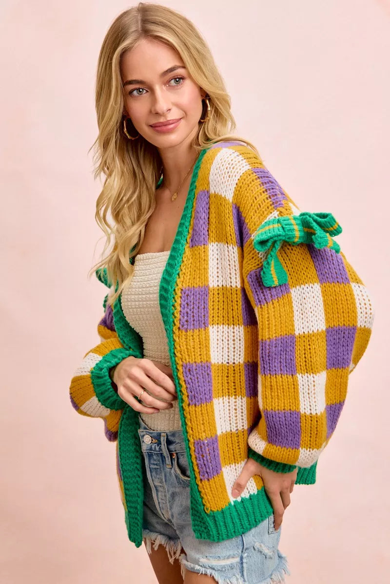 Bibi Mardi Gras Checker Board Front Open Cardigan for Women in vibrant checkerboard pattern with open front design.