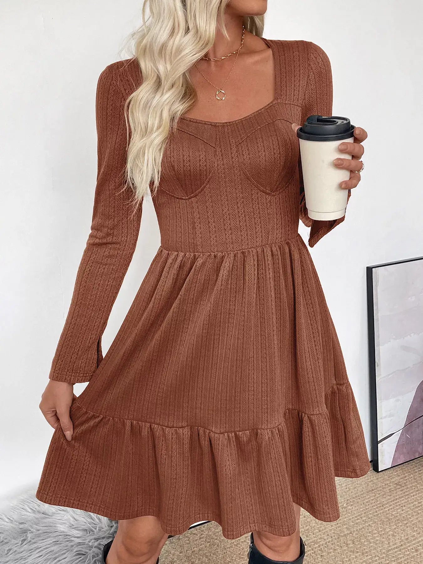 Ruffled Hem Long Sleeve Knit Dress for Women in a warm brown color, with long sleeves and a playful ruffled hem.