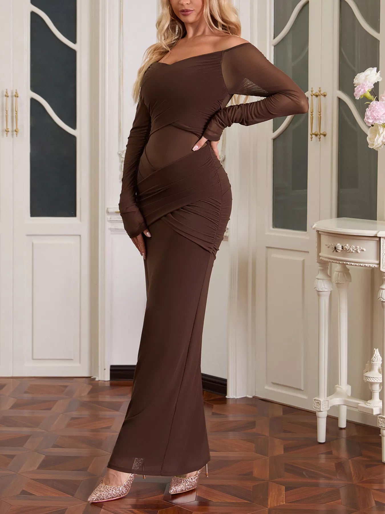 Off-Shoulder Ruched Mesh Long Sleeve Maxi Dress displayed in brown, featuring a sleek fit and elegant design.