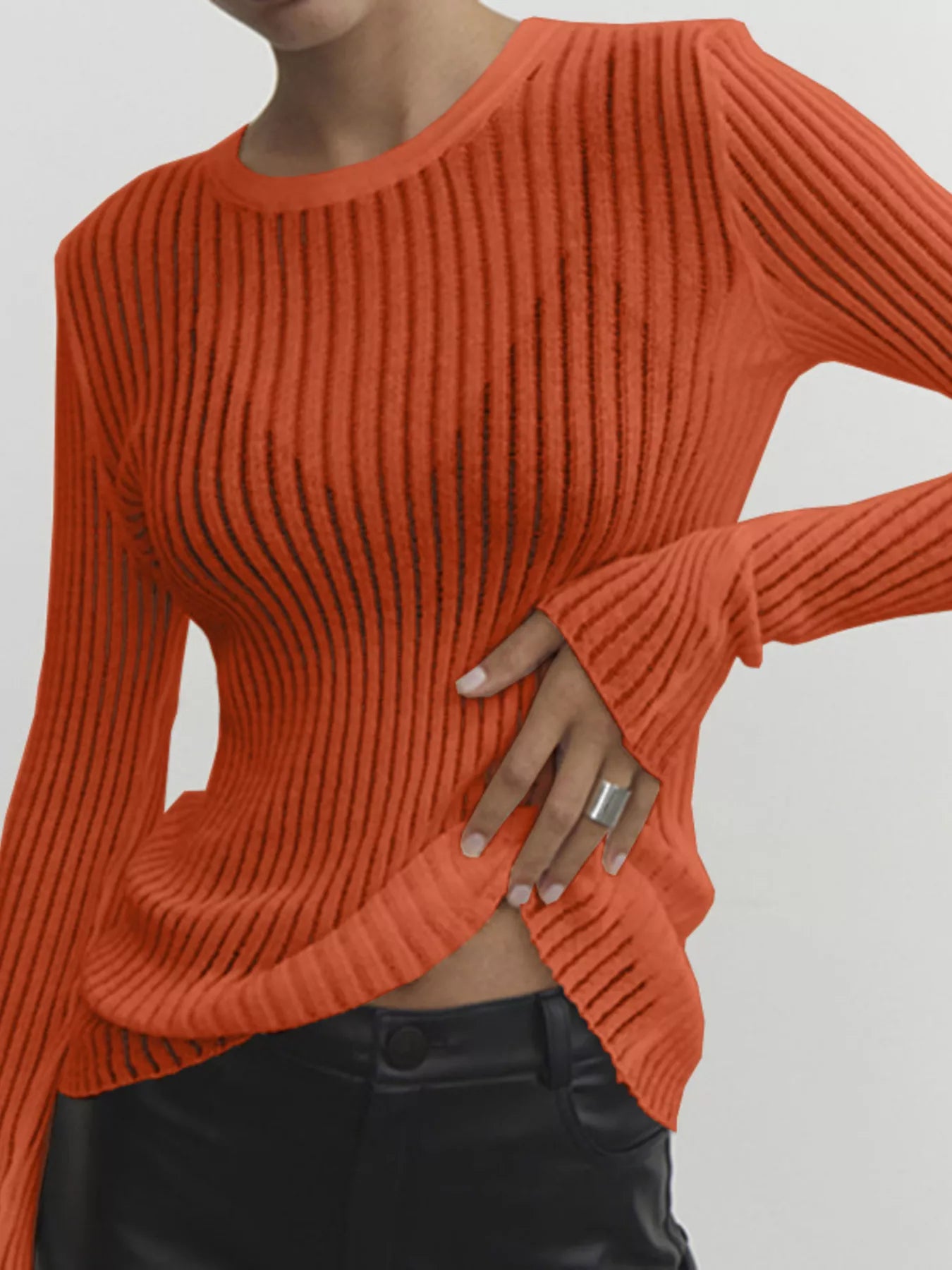 Ribbed Knit Long Sleeve Top in vibrant orange, featuring a sheer design and slightly stretchy fit, perfect for everyday wear.