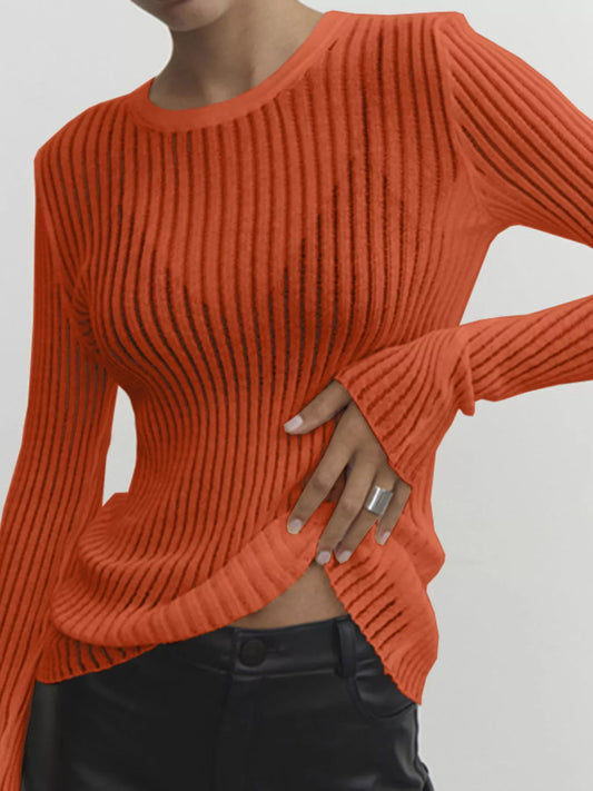 Ribbed Knit Long Sleeve Top in vibrant orange, featuring a sheer design and slightly stretchy fit, perfect for everyday wear.