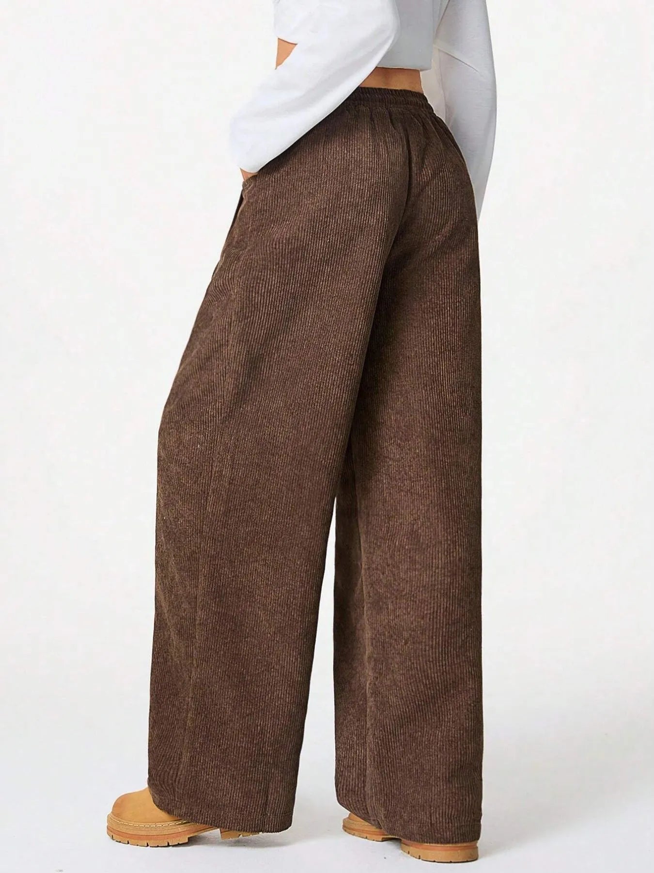 Drawstring Wide Leg Pants in brown with a relaxed fit and pockets, perfect for everyday comfort.