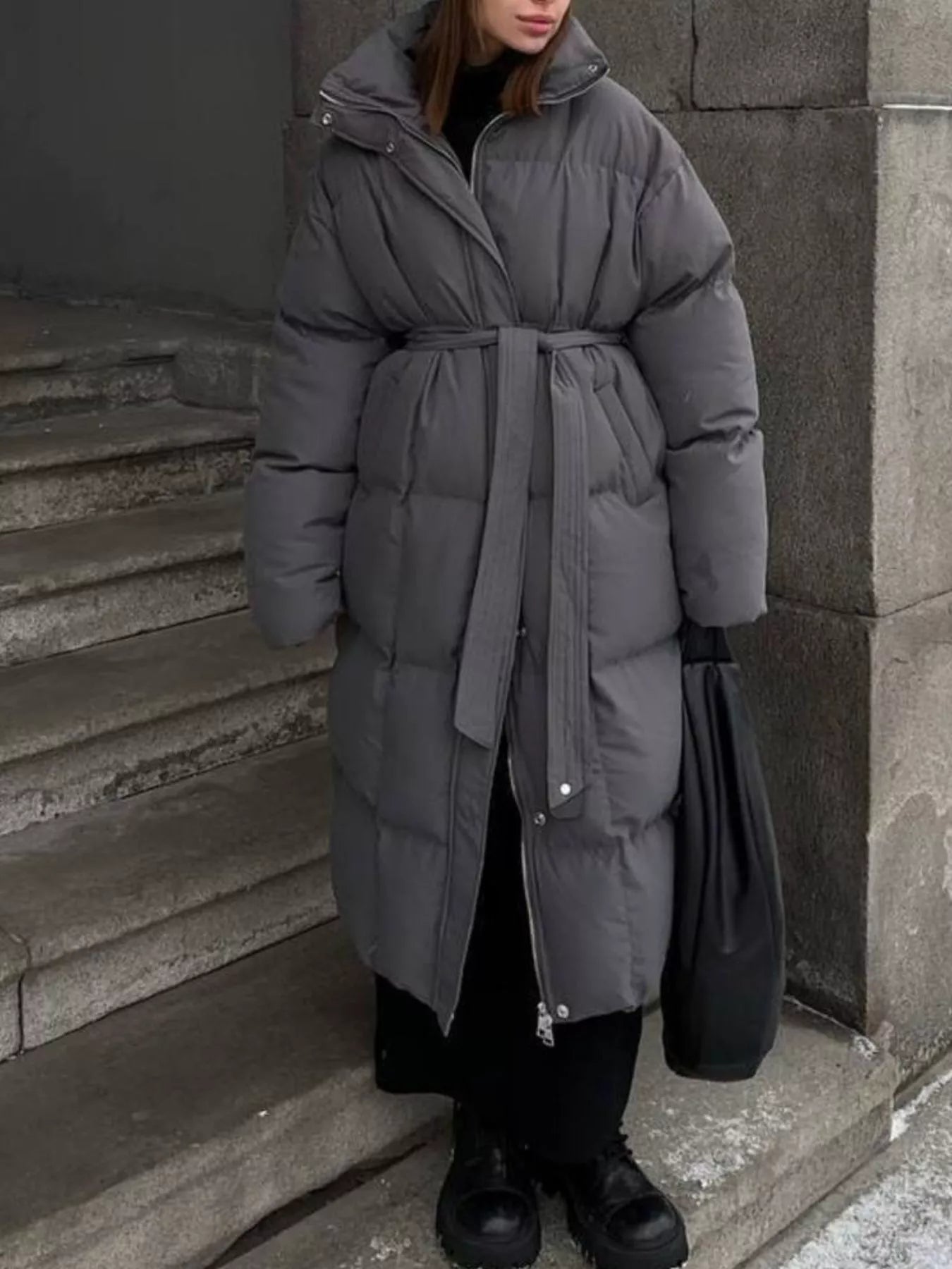 Longline Padded Winter Coat Belted in gray, featuring a stylish belted design and zippered closure, perfect for winter warmth.