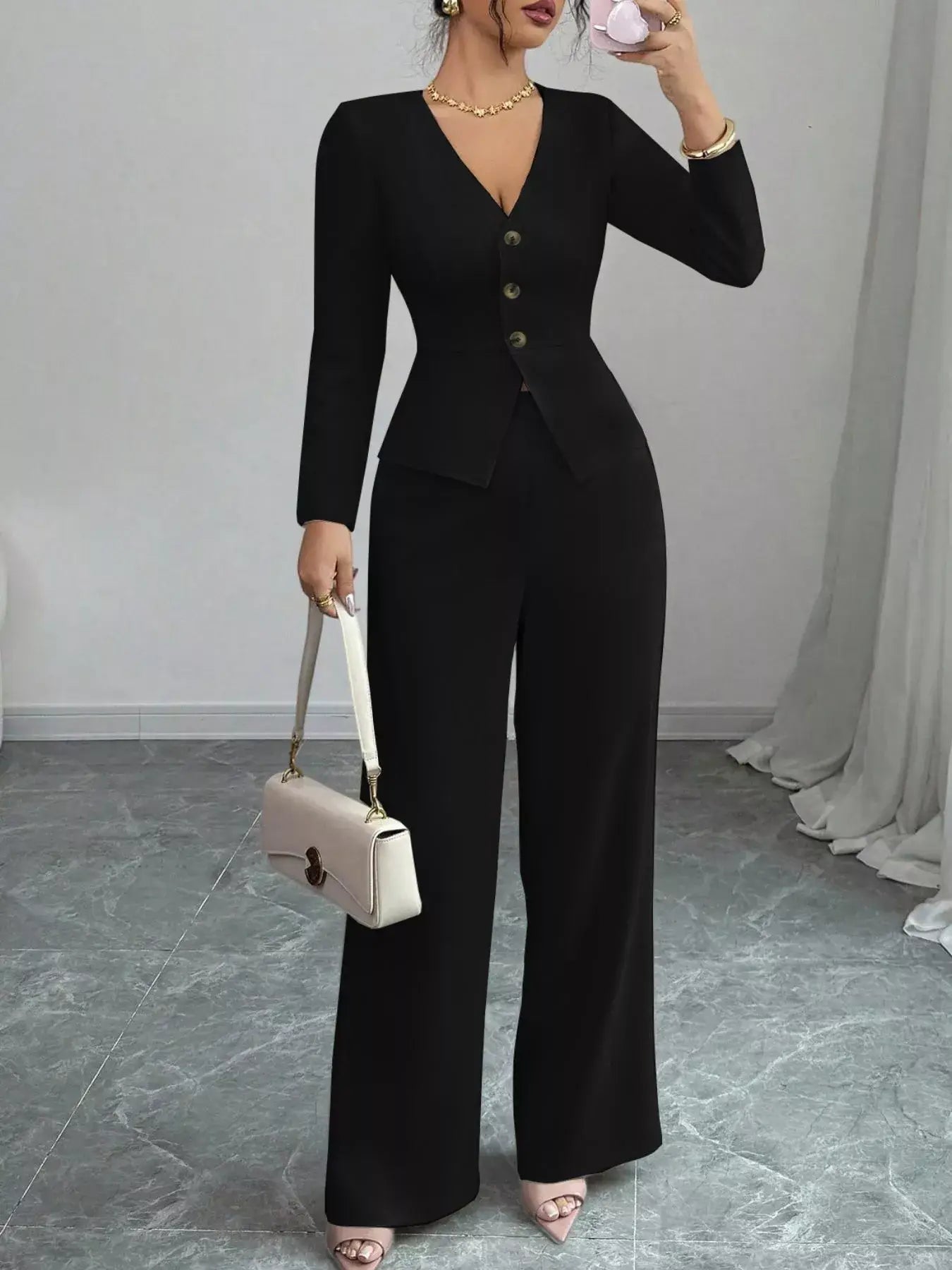 Button Up Long Sleeve Top and Pants Set showcased in a stylish black outfit, perfect for everyday chic looks.