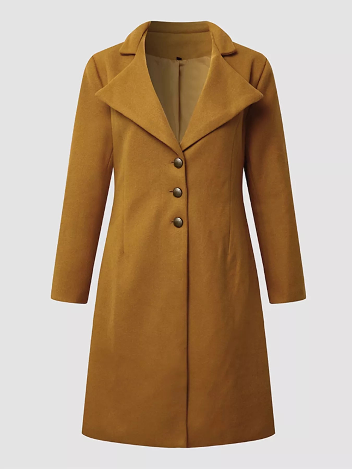 Full Size Single Breasted Long Sleeve Overcoat for Women in mustard color with button details.