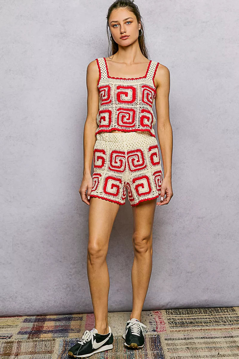 POL Crochet Patterned Shorts with intricate red and cream crochet design, perfect for stylish summer looks.