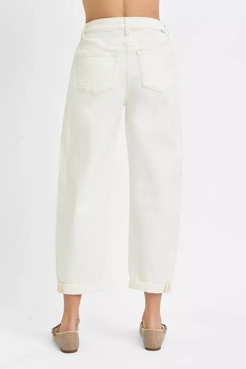 Back view of RISEN Full Size High Rise Barrel Cropped Jeans in light denim, showcasing casual style and cropped length.