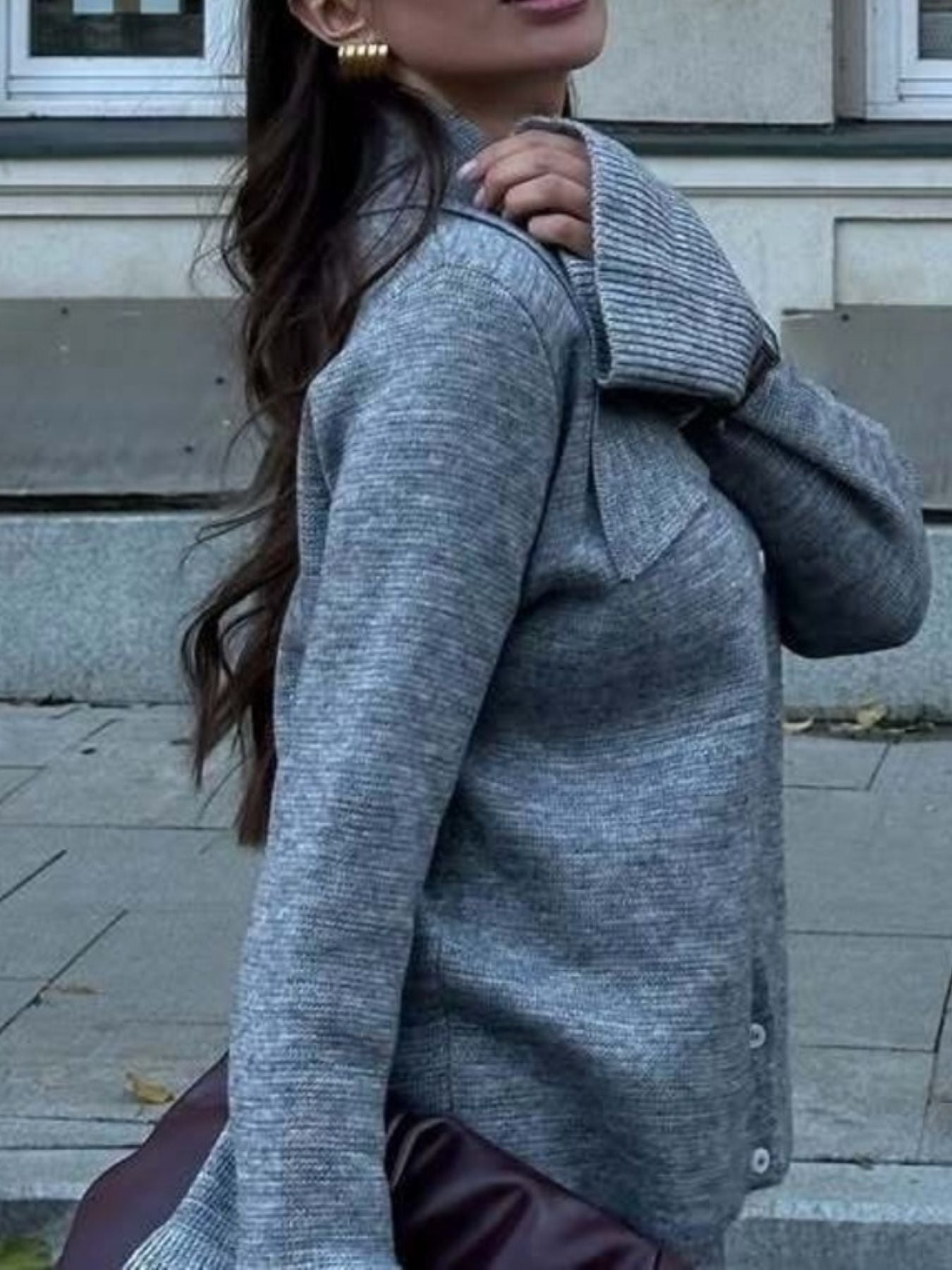 Button Down Cardigan and Skirt Knit Set – Women's Two Piece Outfit featuring a ribbed and buttoned gray cardigan.
