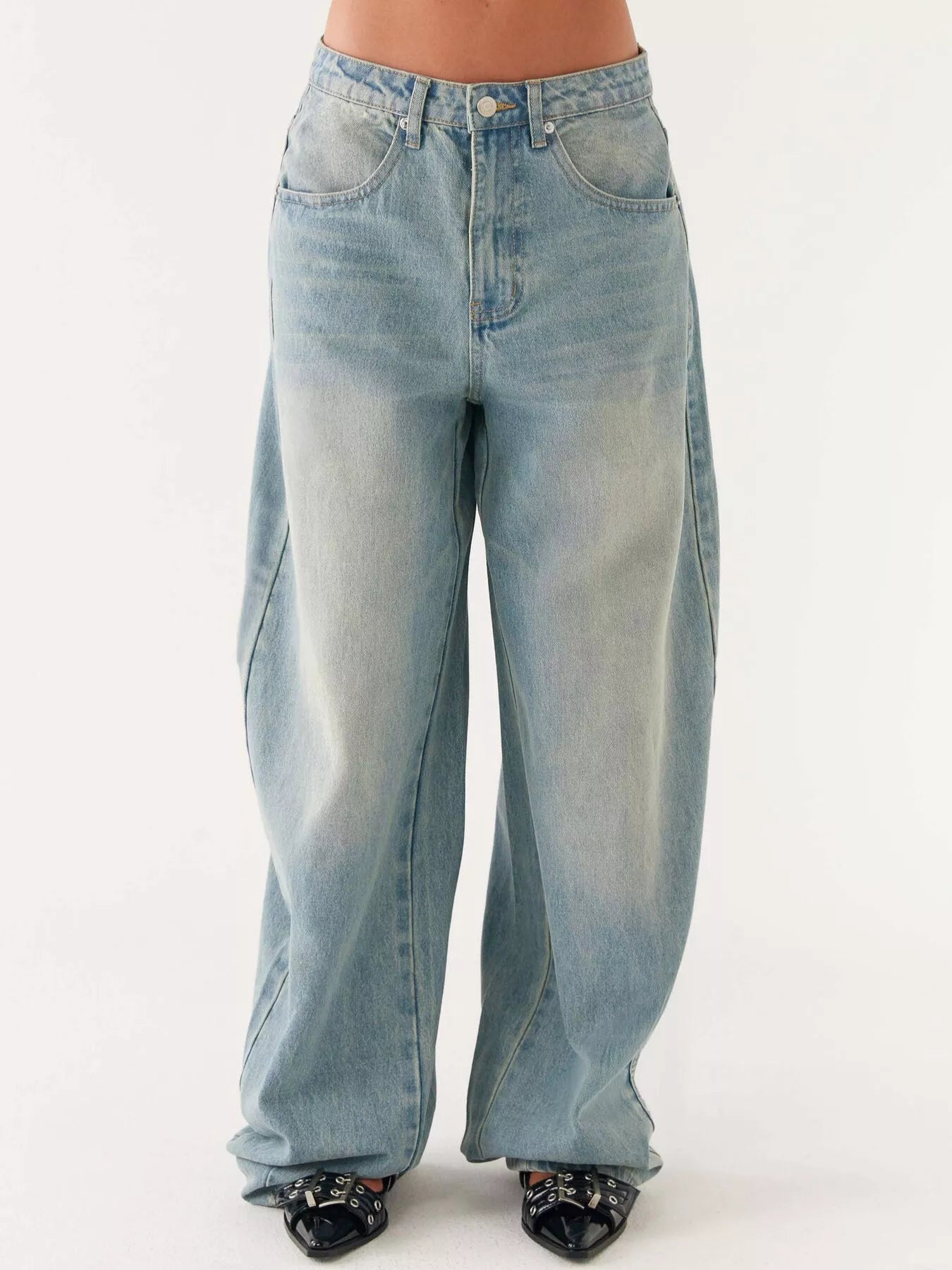 Button Up Denim Jacket and Jeans Set featuring wide-leg jeans in light blue denim with a casual style.