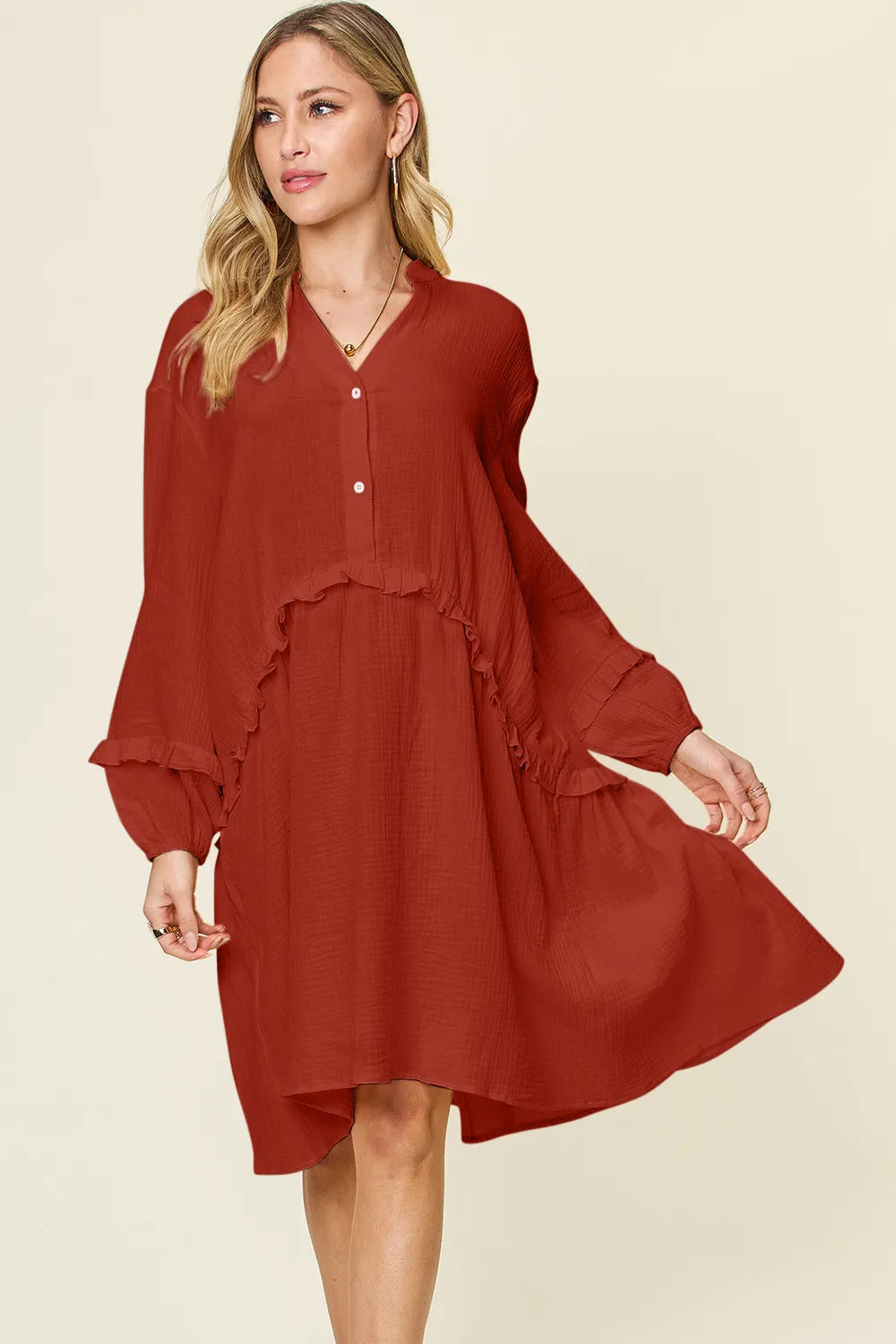 Double Take Full Size Texture Half Button Ruffle Trim Dress in rich rust color with flowy sleeves and a tiered design.
