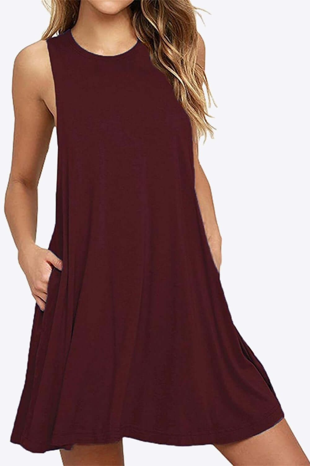 Full size round neck sleeveless dress in burgundy with practical side pockets, perfect for casual wear.