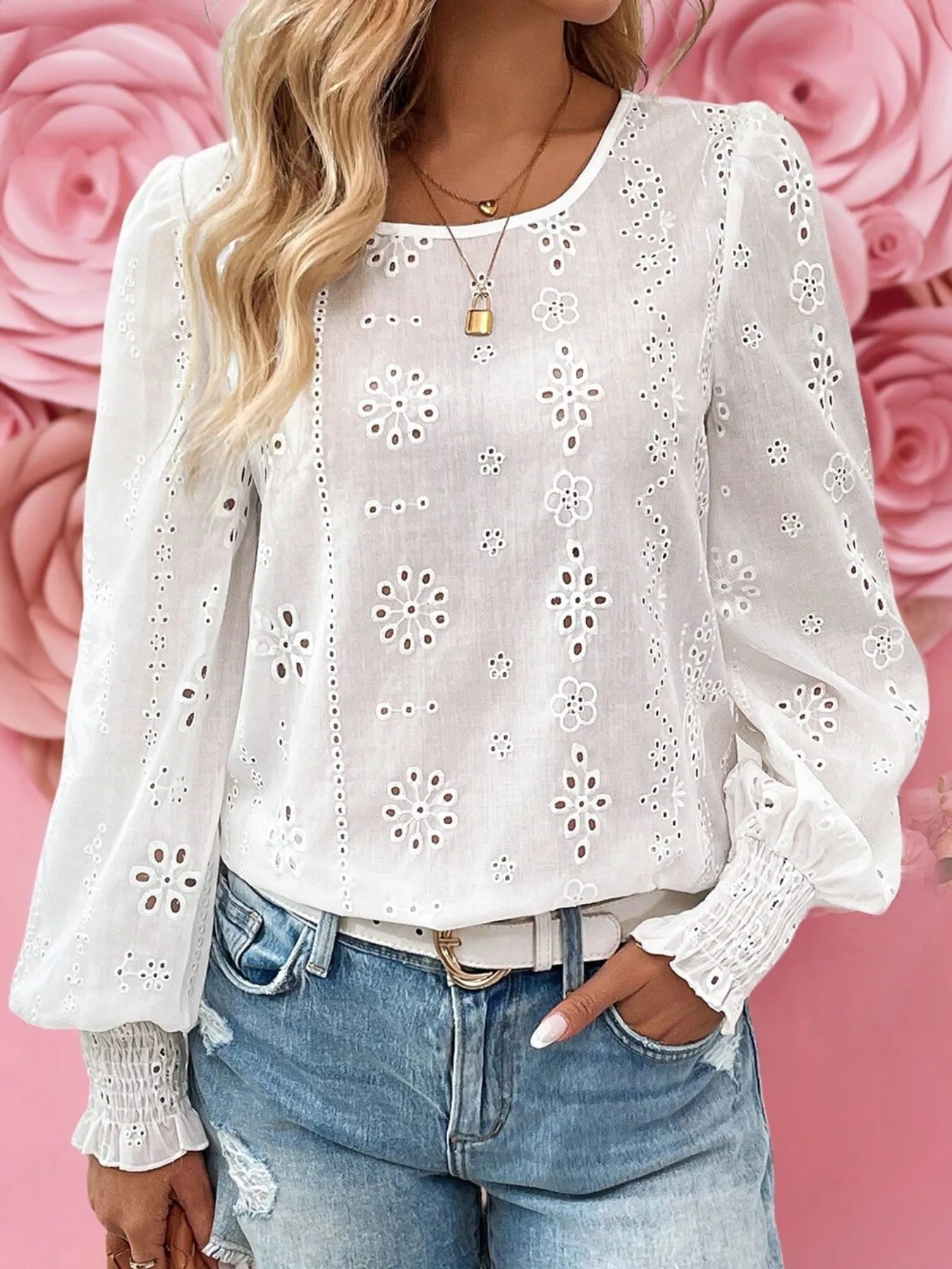 Eyelet Long Sleeve Blouse with Elastic Cuffs for Women, featuring floral patterns and elasticized small gathered cuffs.