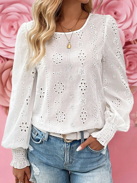 Eyelet Long Sleeve Blouse with Elastic Cuffs for Women, featuring floral patterns and elasticized small gathered cuffs.