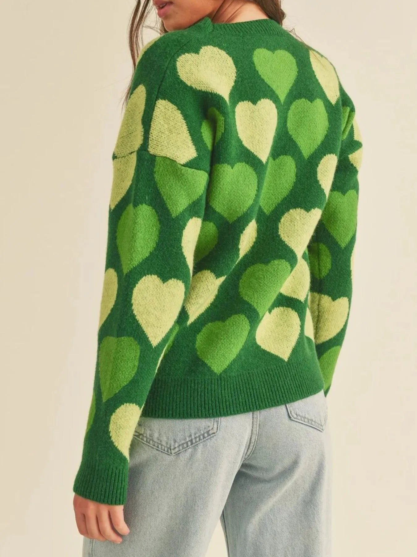 Heart Ribbed Hem Long Sleeve Sweater featuring a green design with hearts, perfect for everyday style.