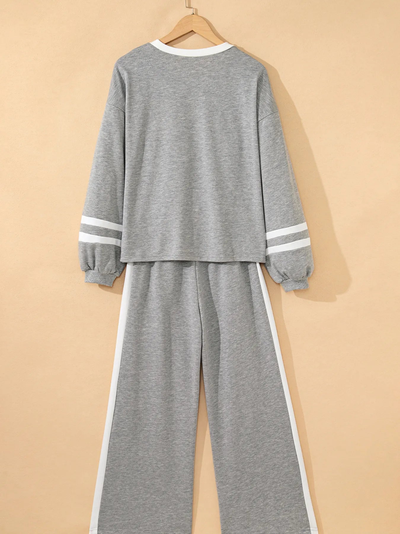 Contrast Trim Round Neck Top and Pants Set back view features gray fabric with white trim, showcasing modern style.