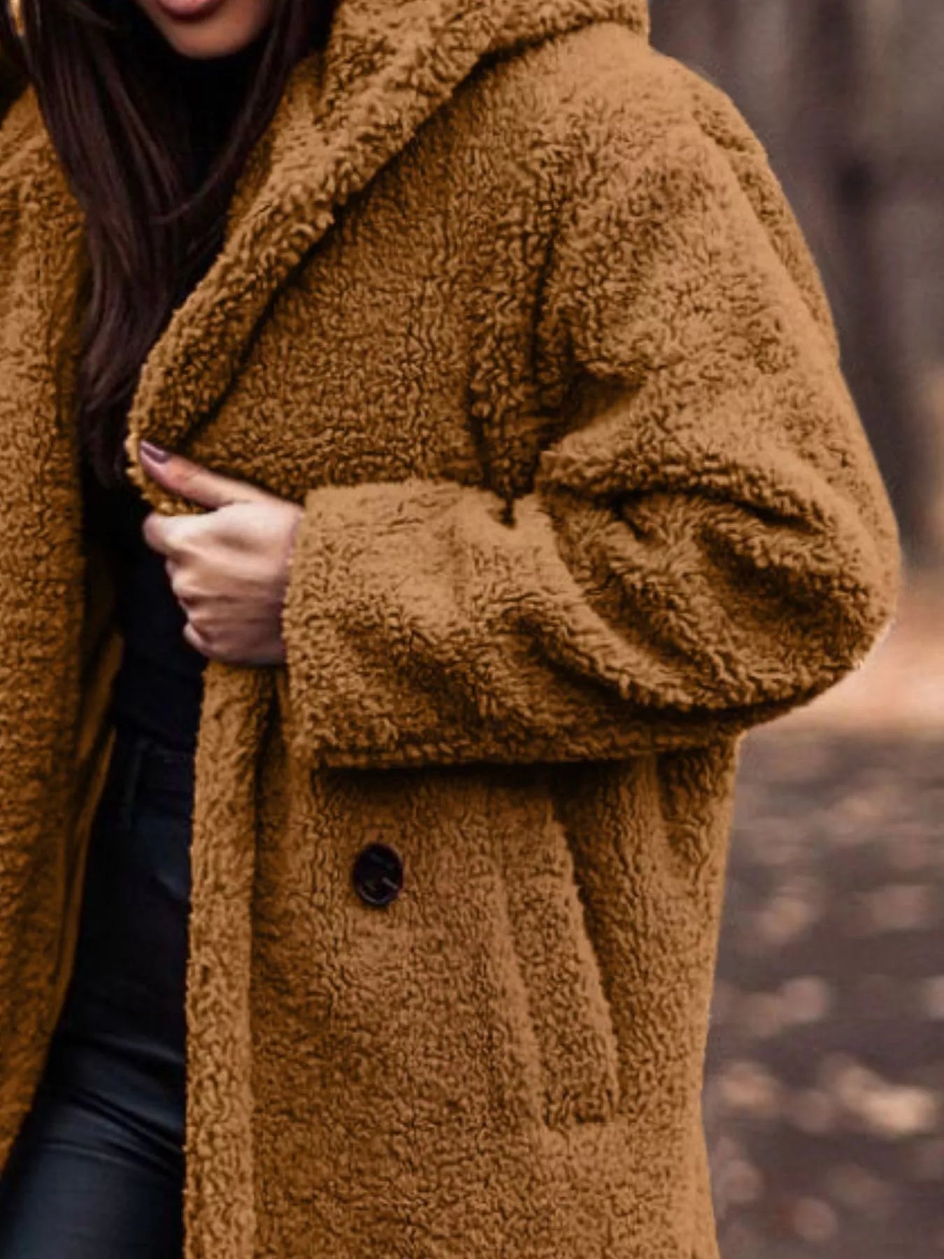 Teddy Bear Hooded Longline Outerwear in cozy brown texture, featuring a relaxed fit with buttoned closure and pockets.