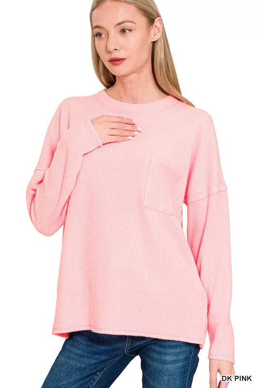 Zenana Ribbed Brushed Melange Hacci Sweater in light pink with pocket, perfect for stylish layering in any season.