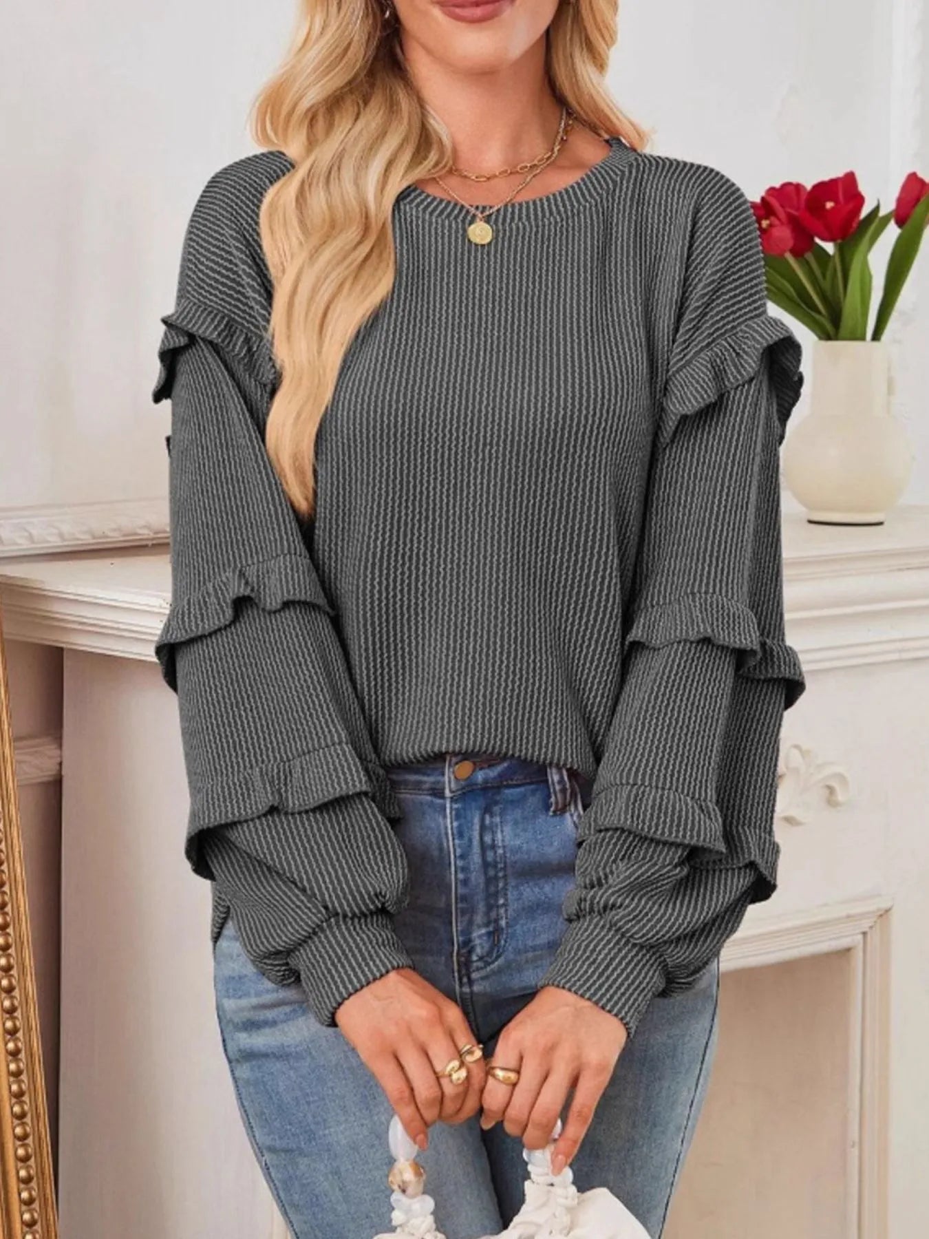 Ruffled Round Neck Long Sleeve Sweatshirt in gray with ribbed fabric and ruffled sleeves, perfect for everyday style.