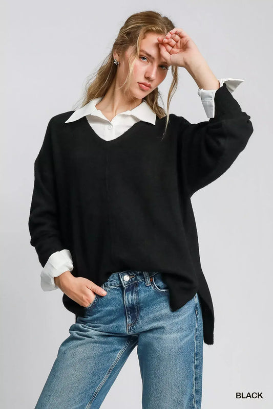Umgee Wool Blended Pullover Sweater in black worn over a white shirt with relaxed denim for winter fashion.