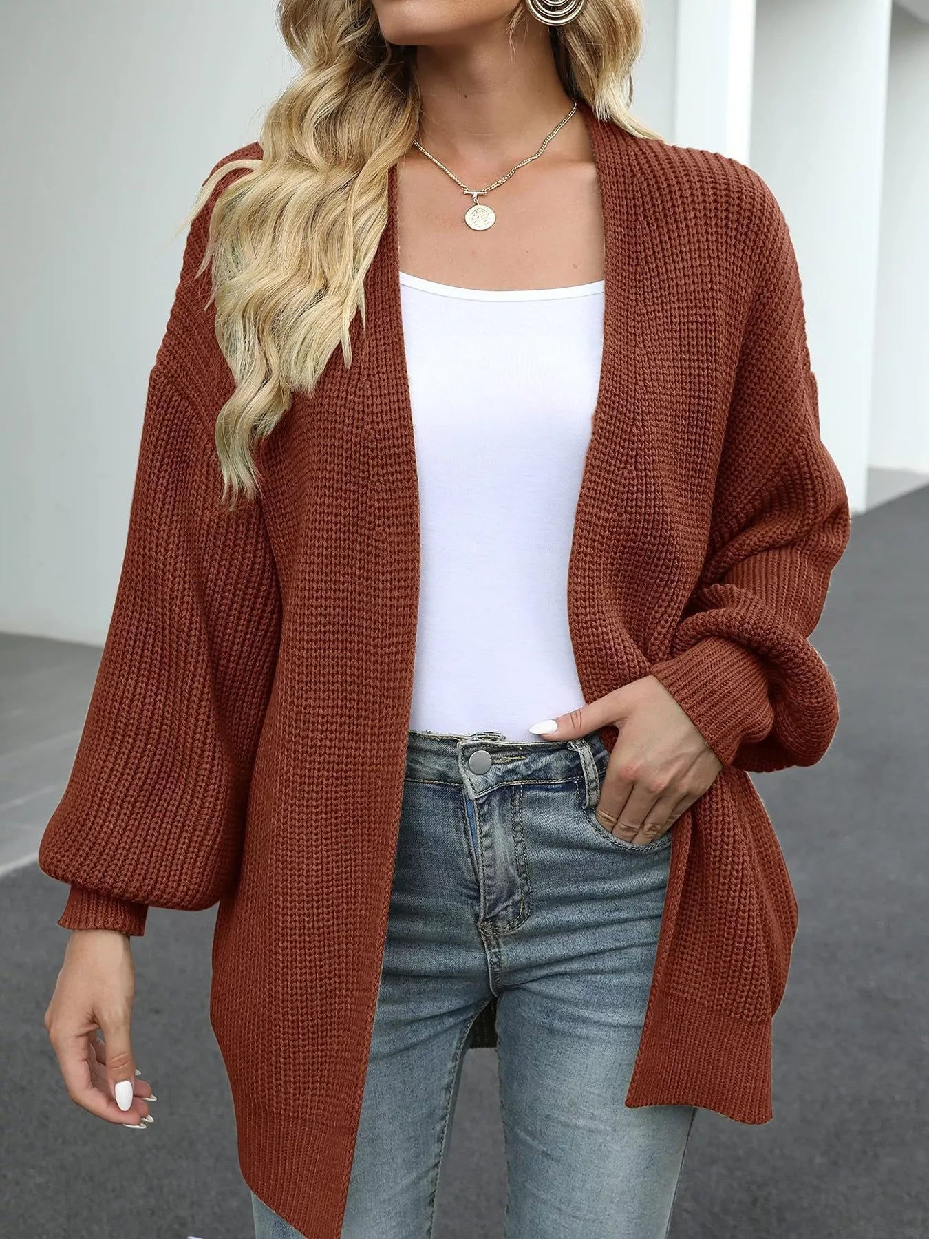 Chunky Knit Open Front Cardigan for Women in rust color, featuring an oversized fit and slightly stretchy material.