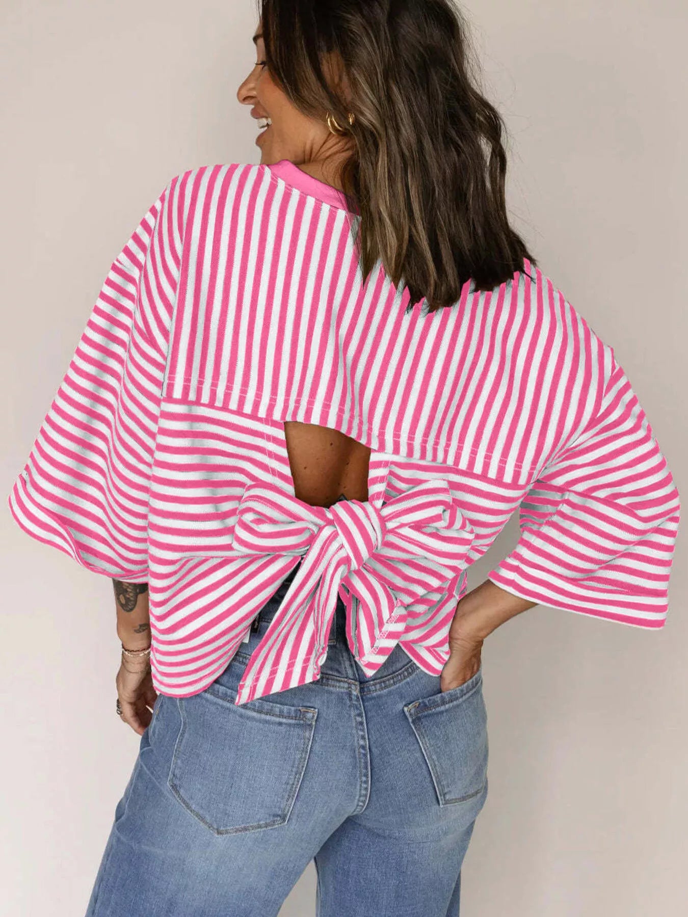 Striped Back Bow Tie T-Shirt featuring oversized design and back bow detail for casual everyday style.