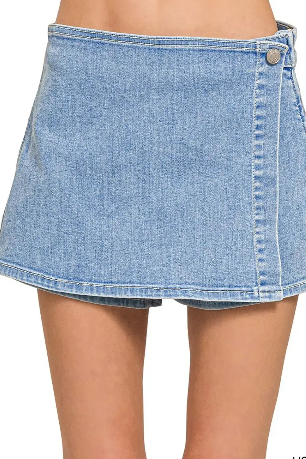 Stylish Zenana wrap front skort denim shorts offering comfort and versatility, perfect for everyday wear.