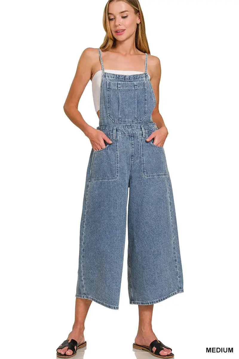 Zenana Denim Wide Leg Overalls in medium wash, featuring a relaxed fit and functional pockets for stylish comfort.