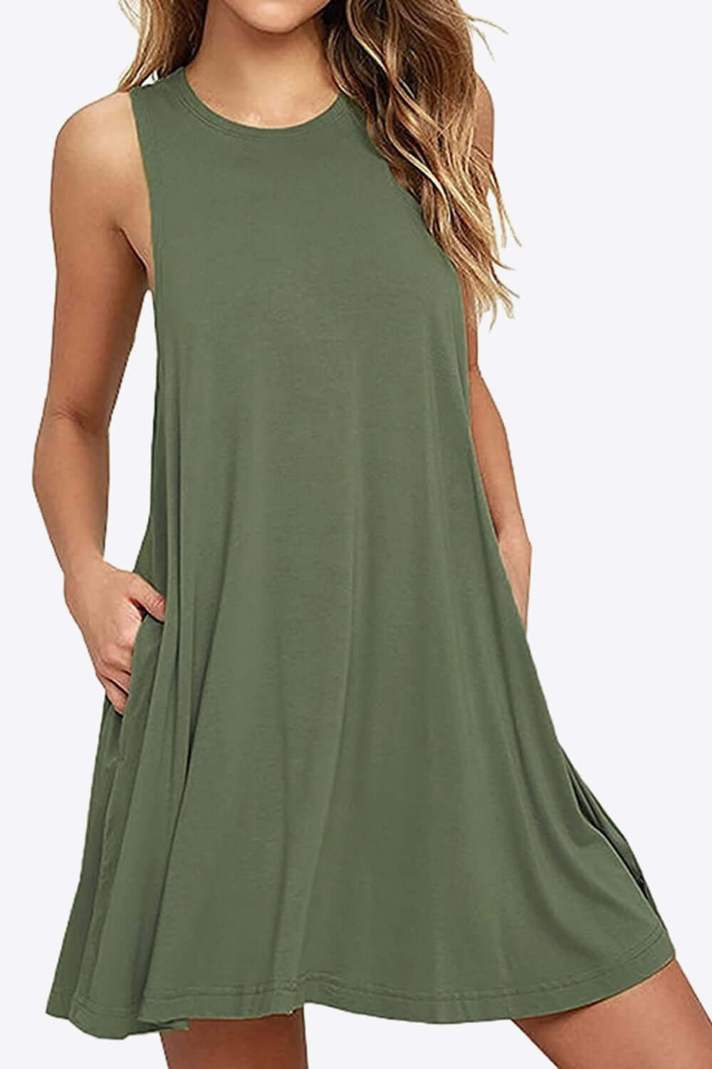 Full size round neck sleeveless dress in olive green with pockets, perfect for casual summer outings.