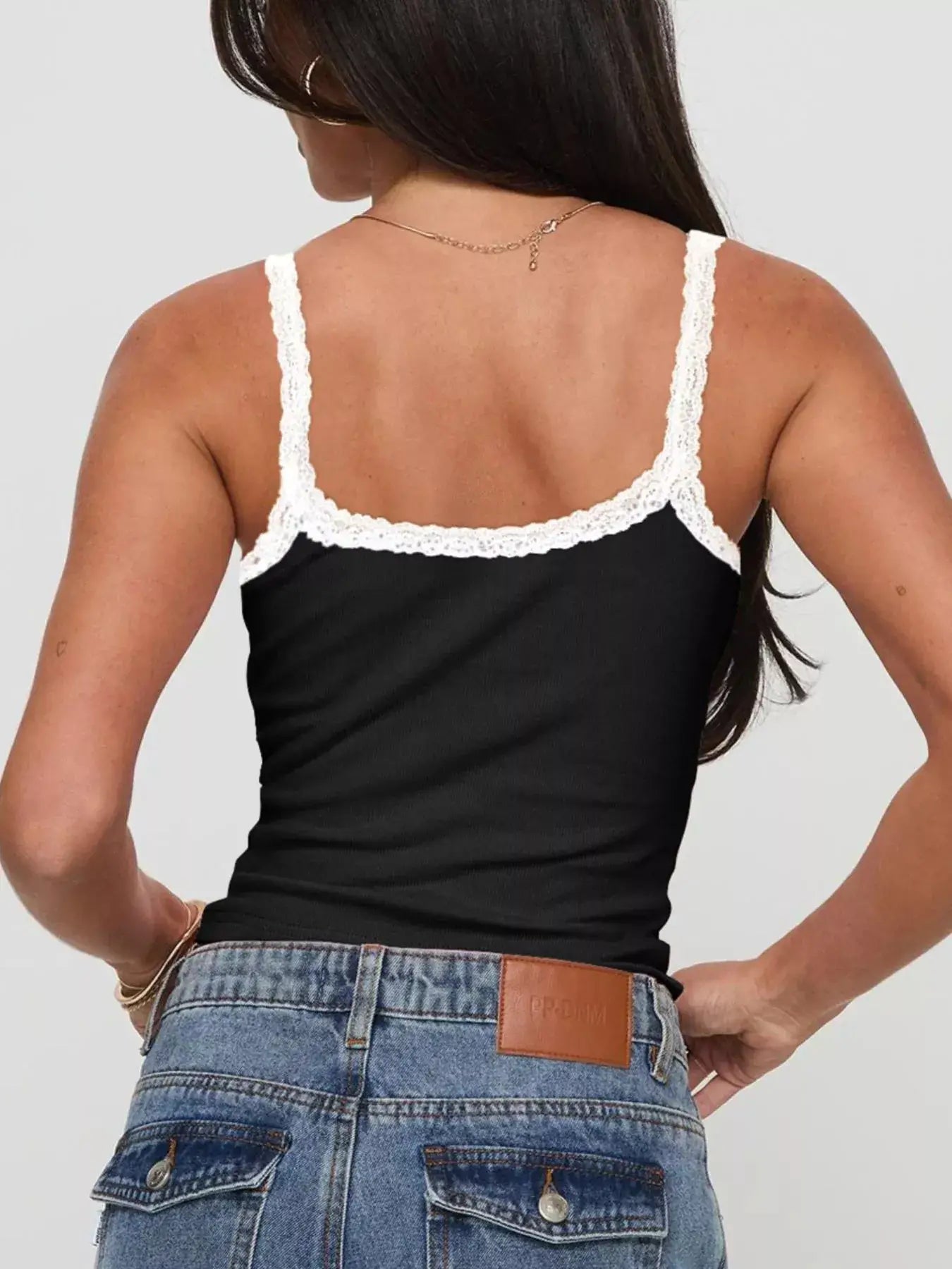 Back view of Lace Detail Contrast Trim Cami featuring delicate lace trim and a fitted design.