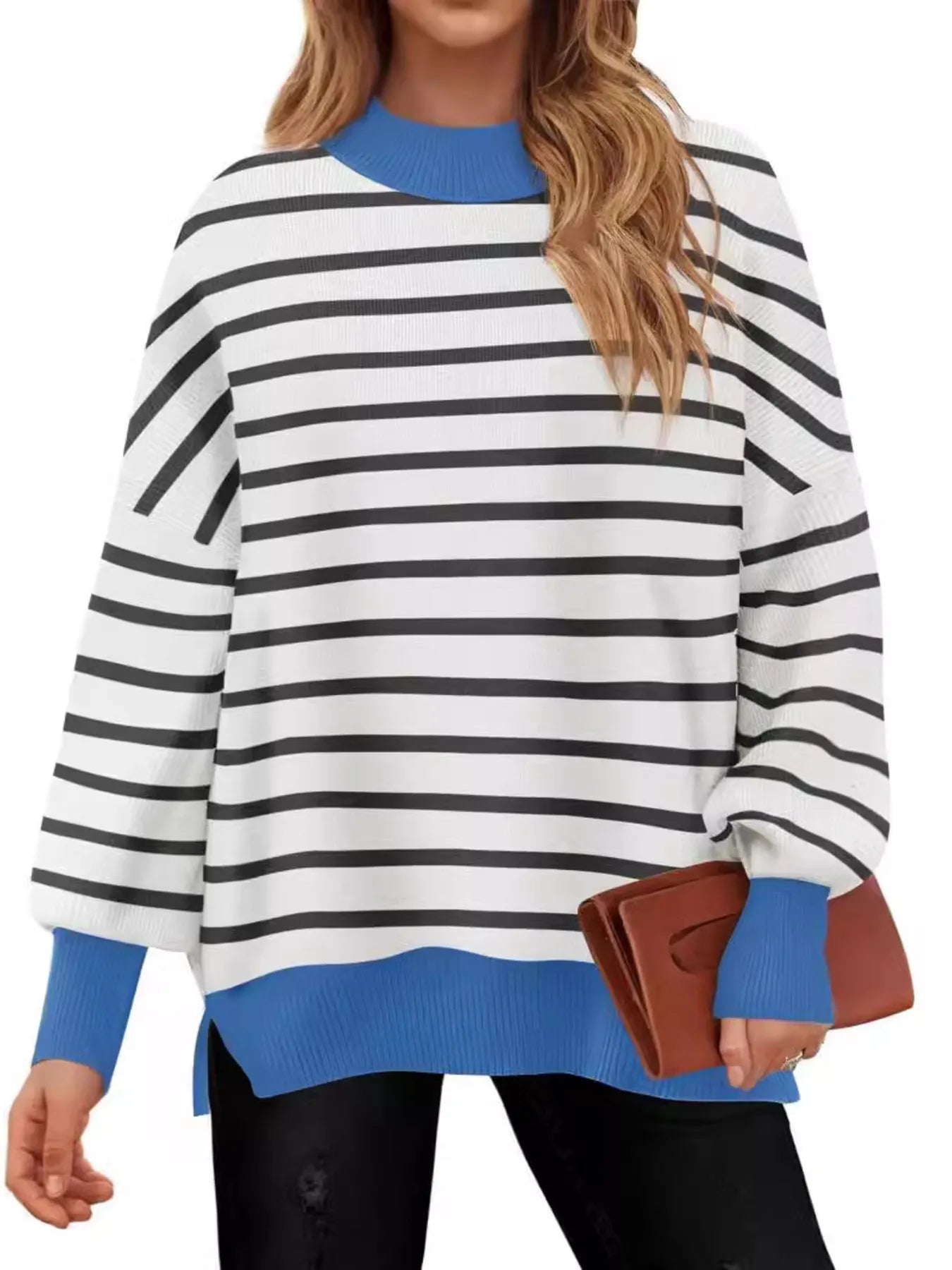 Striped Round Neck Long Sleeve Sweater showcased on a model, featuring oversized fit and blue accents.