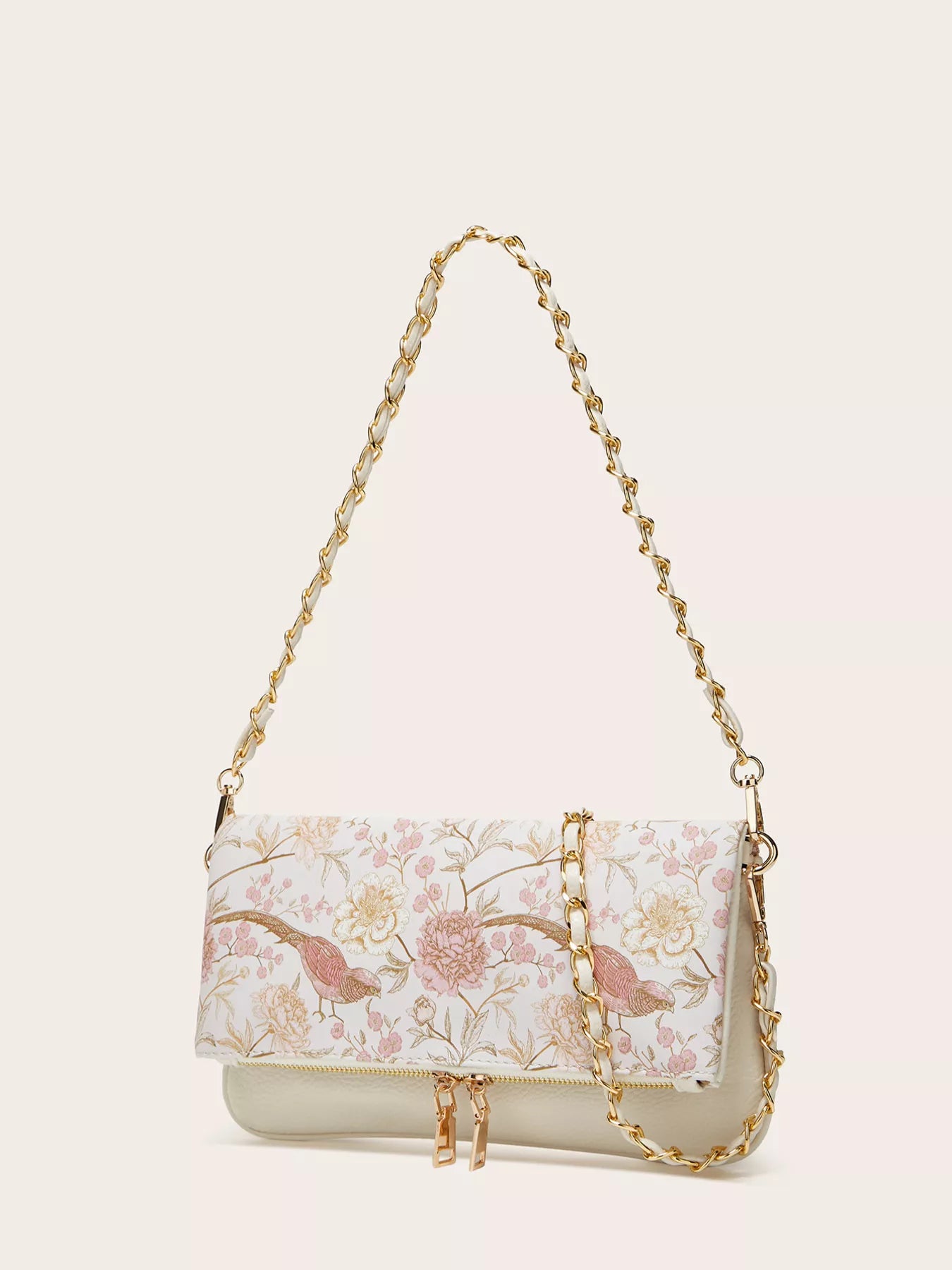 Floral Chain Shoulder Bag in mini size made of PU leather with floral design and chain strap.