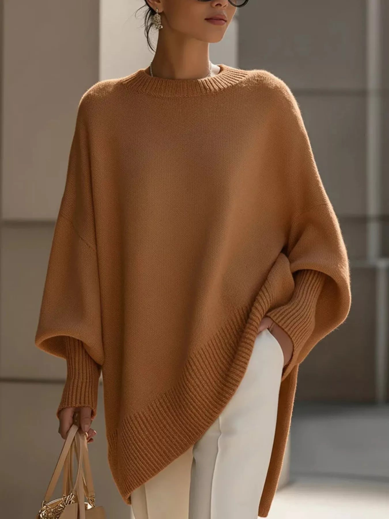 Oversized Batwing Sleeve Knit Sweater for Women in a warm brown color, featuring ribbed details and a relaxed fit.