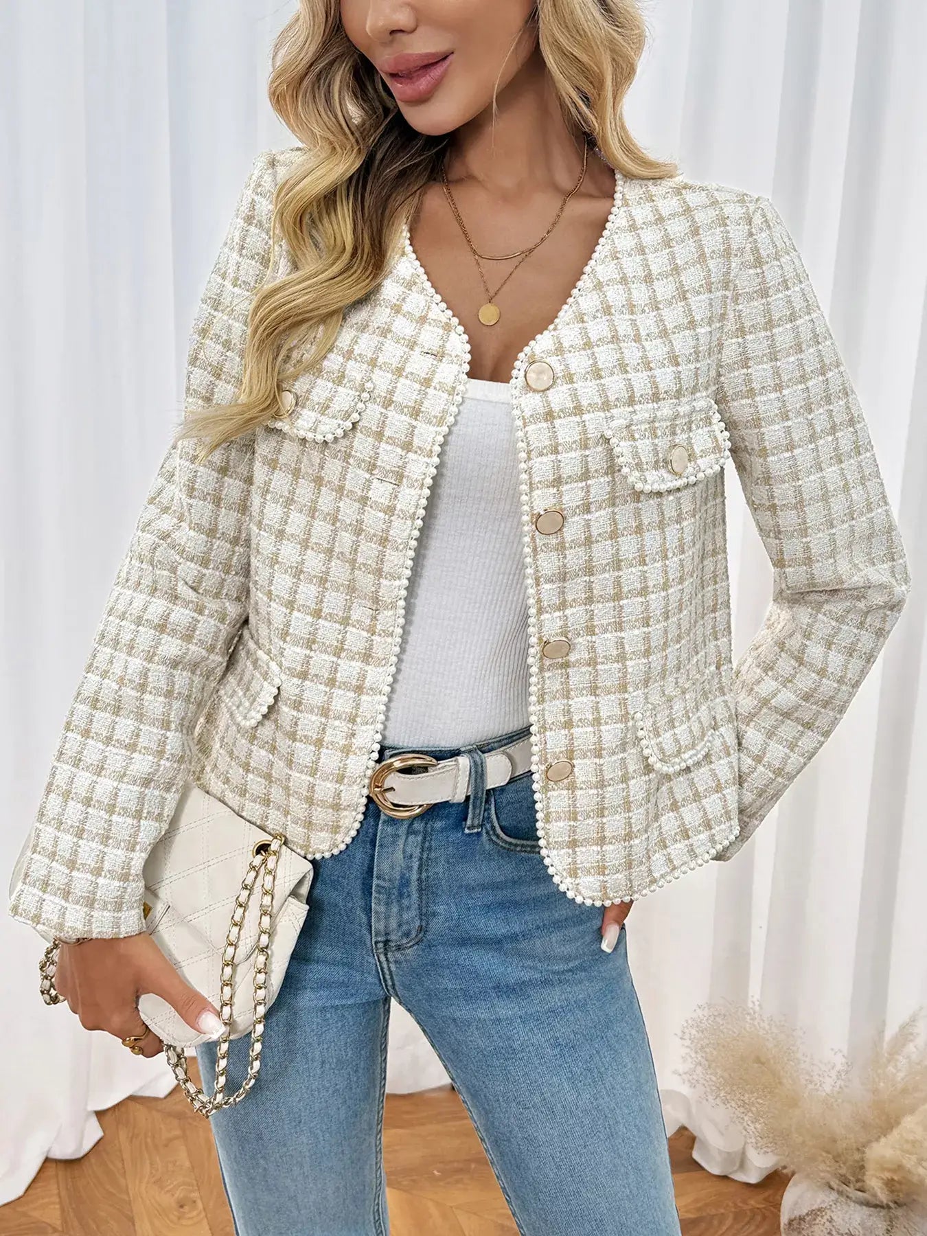 Plaid Button-Front Long Sleeve Outerwear for women, featuring a stylish button-front design and classic plaid pattern.
