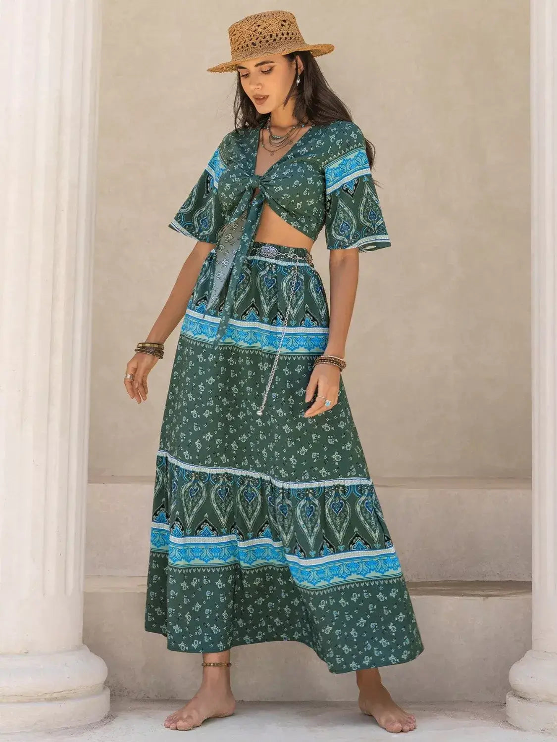 Tie Front Half Sleeve Top and Skirt Set for Women, featuring a trendy floral design and a chic bohemian style.