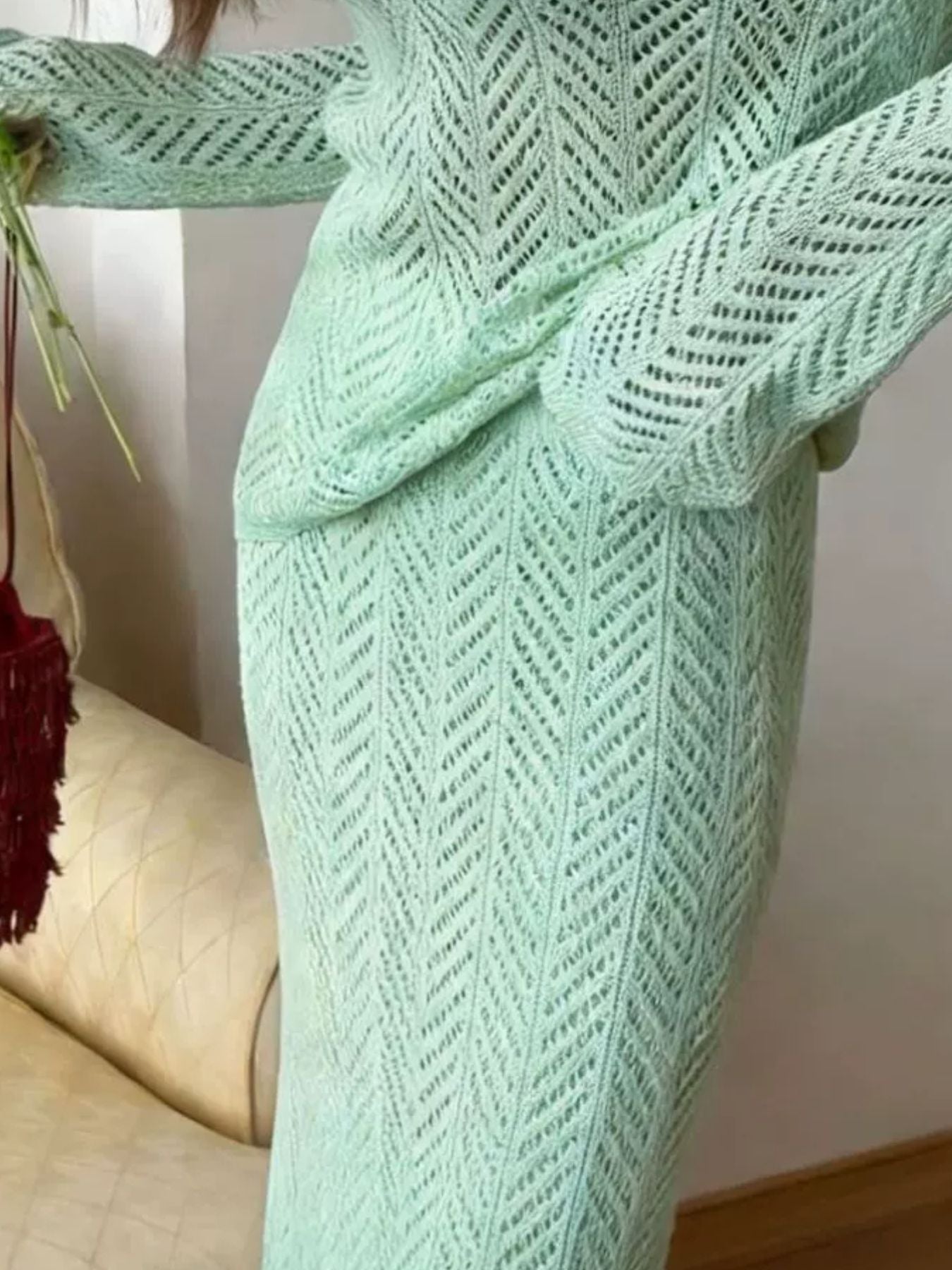 Openwork Long Sleeve Knit Top and Skirt Set in mint green with a textured pattern, elegant women outfit.